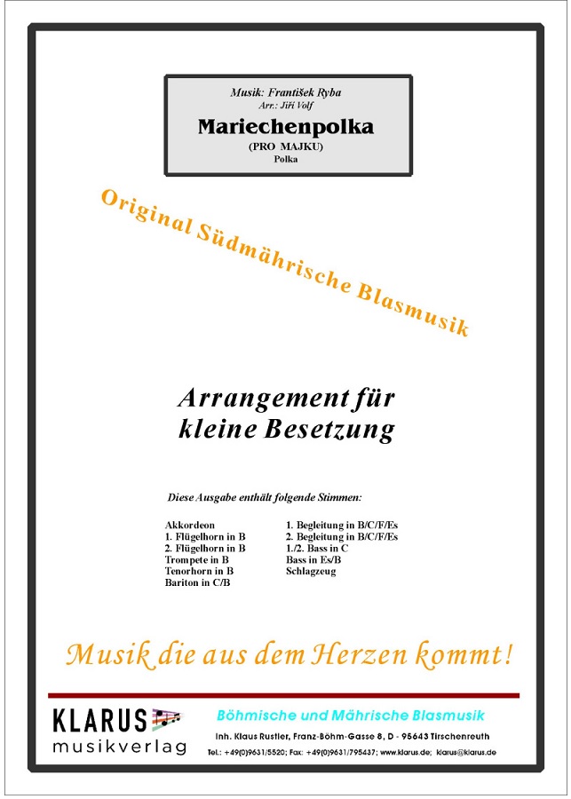 Musiknoten Mariechenpolka (Pro Majku) - kleine Besetzung, Frant. Ryba/Jiri Volf