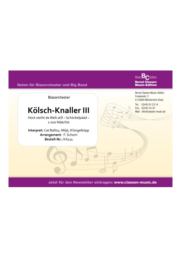 Musiknoten Kölsch-Knaller III, Klüngelköpp, Cat Ballou, Miljö/Friedhelm Schorn