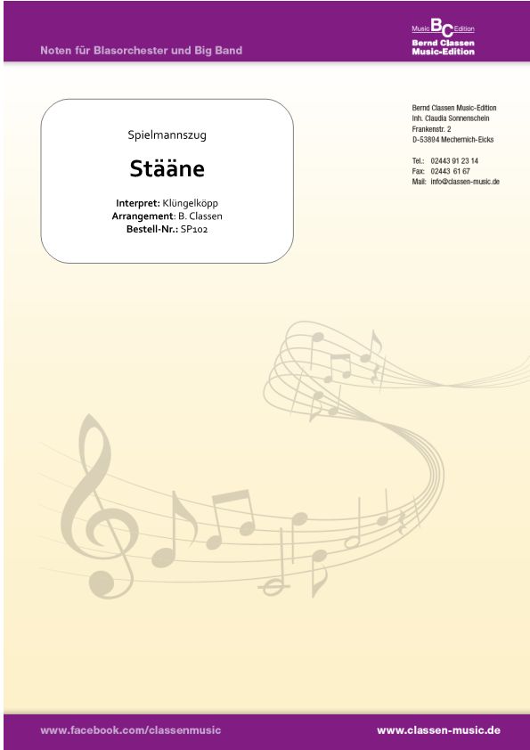 Musiknoten Stääne für Spielmannszug, F. Binninger, R. Kowalak/Bernd Classen